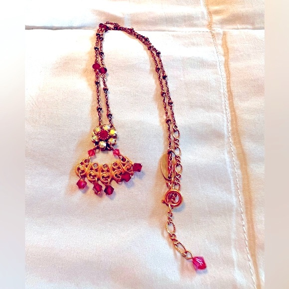 Liz Palacios Dainty Purple Swarovski Crystals Floral Necklace Antiqued Gold Tone - Picture 7 of 10